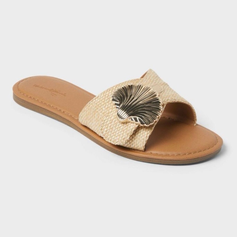 Natural Raffia Slide Sandal with Gold Shell Accent SOLD